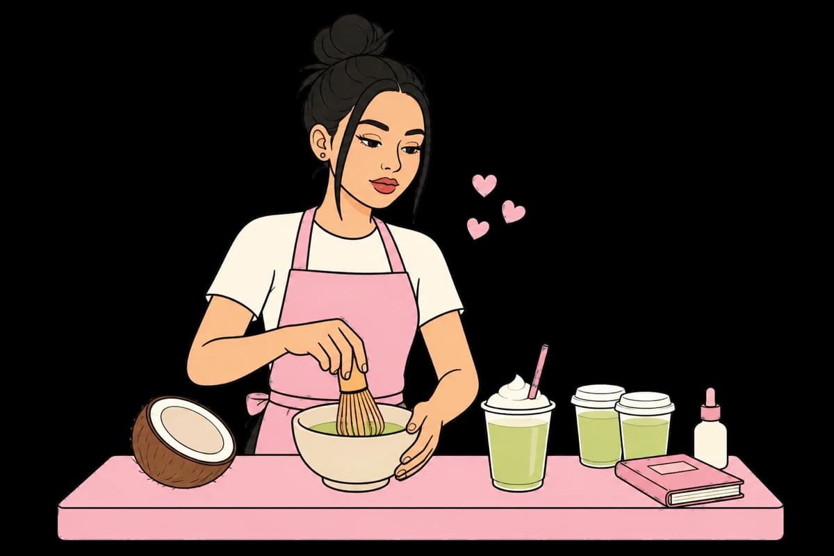 Leslie whisking her signature coconut matcha at a pink workstation