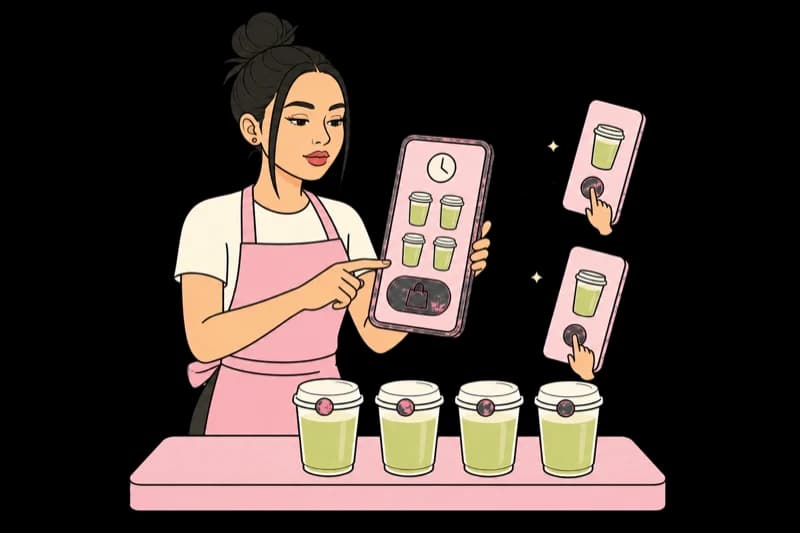 Leslie holding a phone showing the Frijoleras app with drinks ready to order