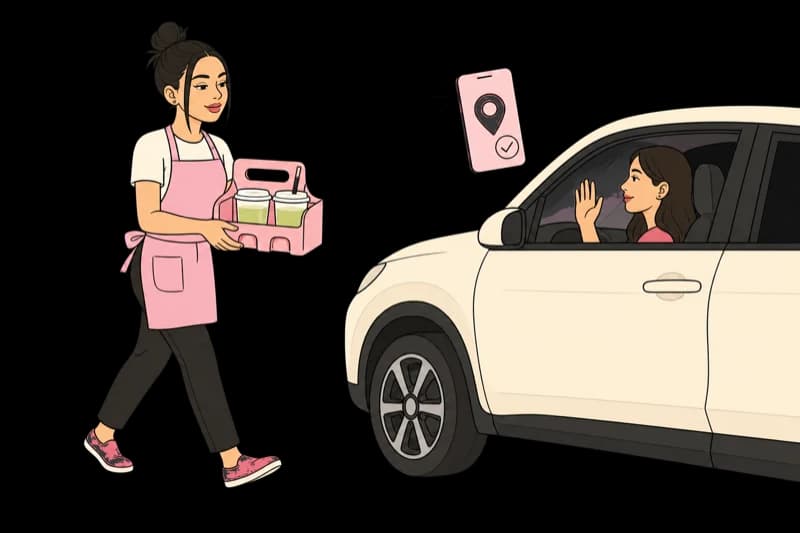Leslie carrying a drink tray out to a customer waiting in their car