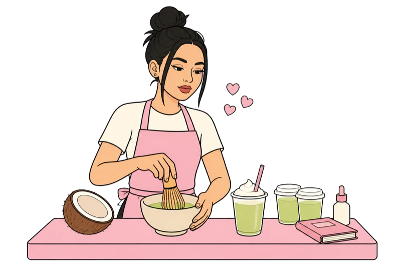 Leslie whisking her signature coconut matcha at a pink workstation